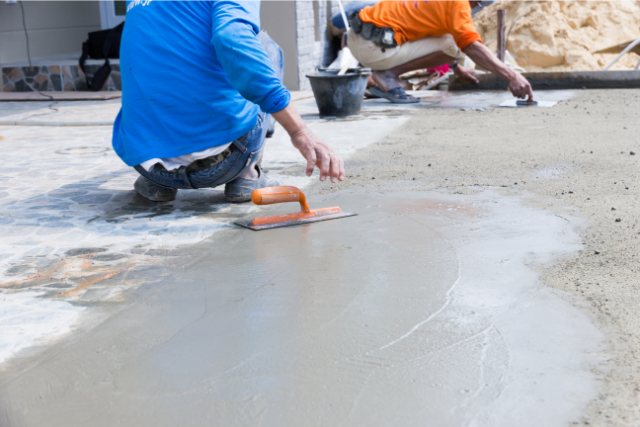 Workers plaster concrete